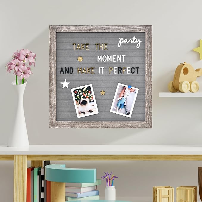 Felt Letter Board with 600 Letters, Numbers, Symbols - 12x12 inch Changeable Message Board with Wooden Frame Wall Mount (Grey)
