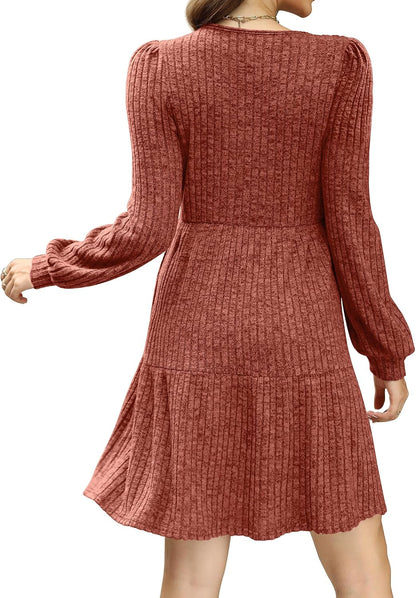 Sampeel Womens Square Neck Long Sleeve Fall Dresses Casual Babydoll Sweater Dress.