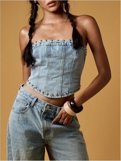 Women's Studded Denim Tube Top Lace Up Strapless Summer Y2K Bandeau Shirt