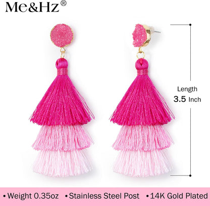 Me&Hz Colorful Layered Tassel Earrings Bohemian Statement Tiered Tassel Big Dangle Drop Earrings for Women Druzy Studs Valentine’s Day Gift
