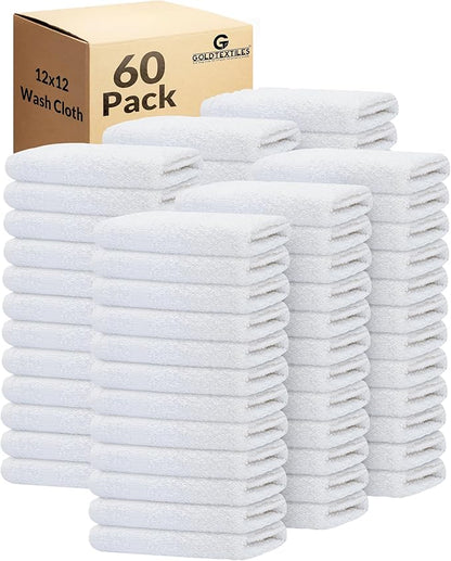 GOLD TEXTILES 60 Pack Economy White Washcloths Set (12x12 inches) - Cotton Blend Commercial Grade Cleaning Rags, Quick Drying  Soft Face Cloths, Fingertip Towels for Bathroom, Spa, Gym, and Kitchen