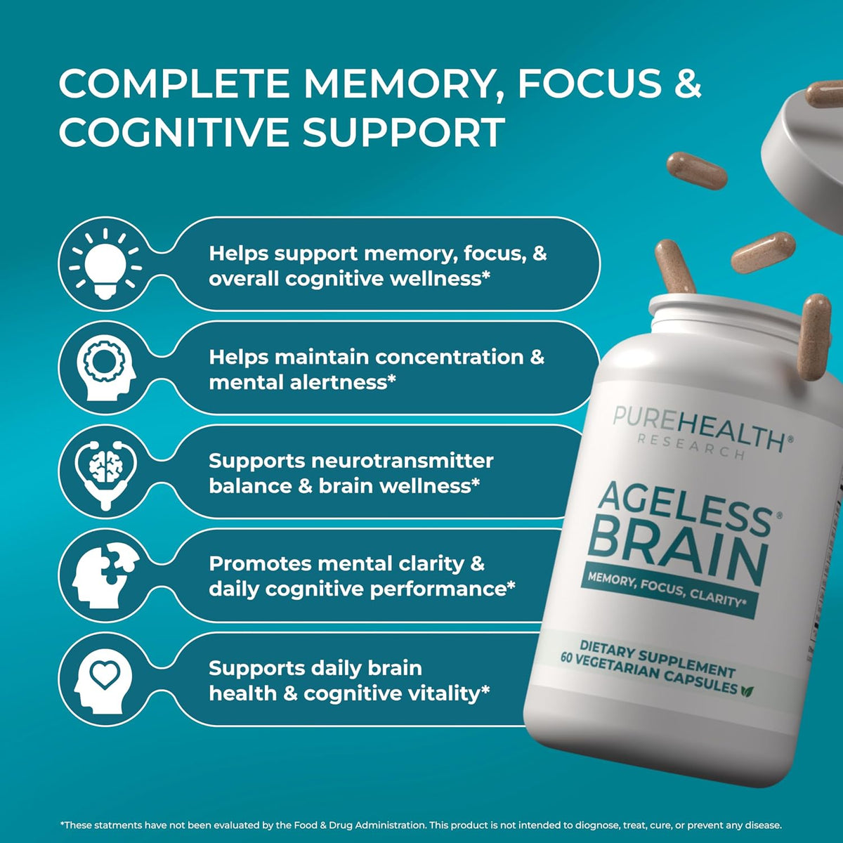 PUREHEALTH RESEARCH Ageless Brain - Supplements for Memory and Focus | Nootropic Brain Health Supplement - with Bacopa Monnieri, Alpha GPC, L-Tyrosine, Vitamin B6, Niacin & More - 60 Capsules