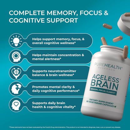PUREHEALTH RESEARCH Ageless Brain - Supplements for Memory and Focus | Nootropic Brain Health Supplement - with Bacopa Monnieri, Alpha GPC, L-Tyrosine, Vitamin B6, Niacin & More - 60 Capsules