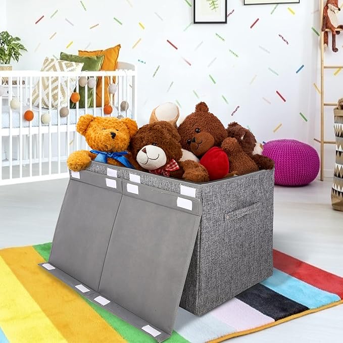 Popoly Large toy chest with lid, foldable toy storage organizer with removable divider, 25 x 13 x 16 inches (linen gray)