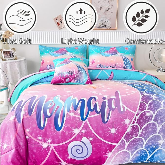 Kids Girls Comforter Set 6Pcs, Mermaid Bed in a Bag Queen Size, Fish Tail Print Teens Girls Bedding Set, Rainbow Bedding Collections