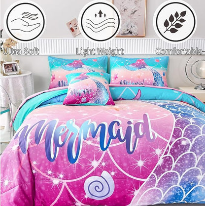Kids Girls Comforter Set 6Pcs, Mermaid Bed in a Bag Queen Size, Fish Tail Print Teens Girls Bedding Set, Rainbow Bedding Collections