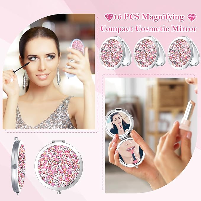 Maitys Compact Mirror Bulk for Purses Small Cosmetic Folding 2.75 Inch Round Diamond Bling 1X 2X Magnifying Pocket Makeup Mirror for Women Wedding Gift, Pink Silver