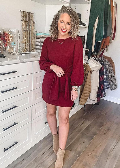 Fashion Womens Fall Elegant Long Lantern Sleeve Short Dress Wedding Guest Crewneck Tie Waist Knit Cocktail Dresses