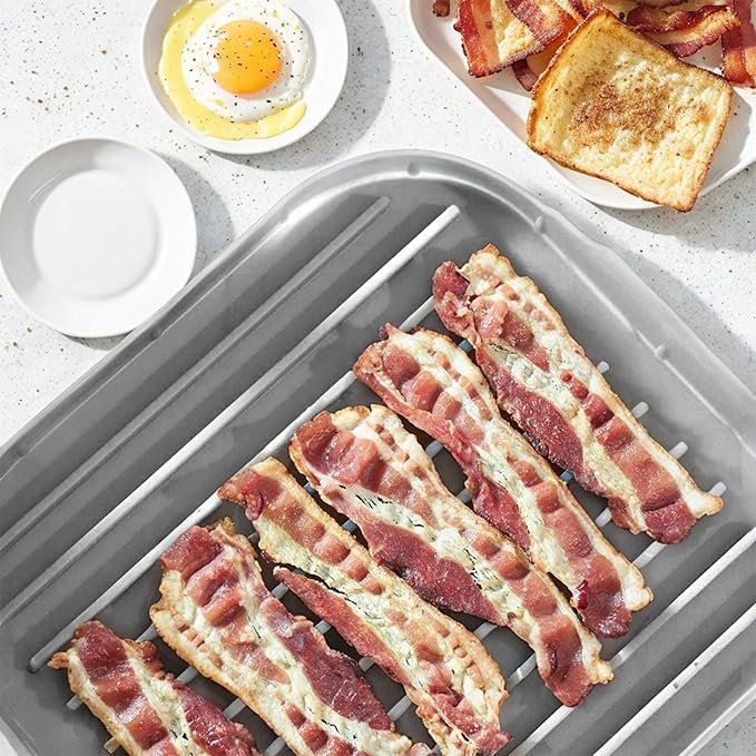 Bacon Cooker For Microwave Oven Food-Grade Silicone Microwave Bacon Tray Non Stick Bacon Tray with Grooves Dishwasher Safe Easy Bacon Maker 9.8x9.8x2 Inch Grey, Bacon Cooker