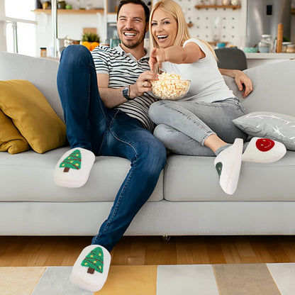 Size 9-10. HAJOYHA Christmas Slippers for Women Men, Soft Slip-On House Winter Plush Fluffy Cute Slippers for Holiday Xmas Bedroom Indoor Outdoor Use(Bowknot,Gingerbread)