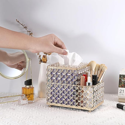 Sumnacon Square Crystal Tissue Box Cover -Sparkling Cube Tissue Box with Side Organizer,Decorative Tissue Holder for Living Room Vanity Night Stand Desk Countertop Office, Gold
