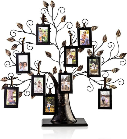 Klikel Family Tree Picture Frame Display with 10 Hanging Picture Photo Frames - Large 20 X 18 Metal Family Tree - 10 Ornamental 2x3 Frames - Wall Decor or Table Decor - Family Tree Photo Frame