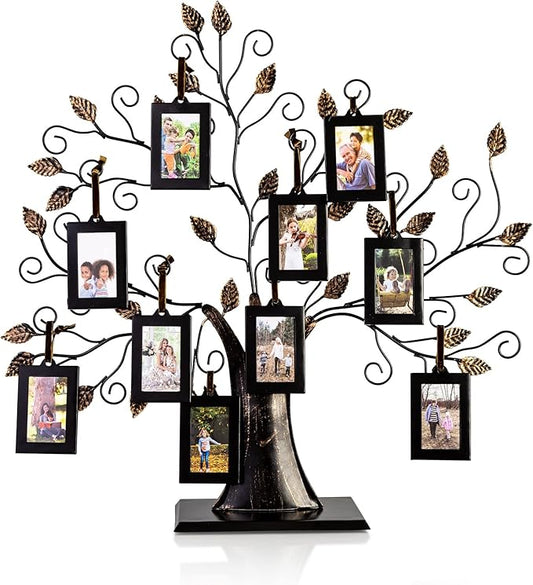 Klikel Family Tree Picture Frame Display with 10 Hanging Picture Photo Frames - Large 20 X 18 Metal Family Tree - 10 Ornamental 2x3 Frames - Wall Decor or Table Decor - Family Tree Photo Frame