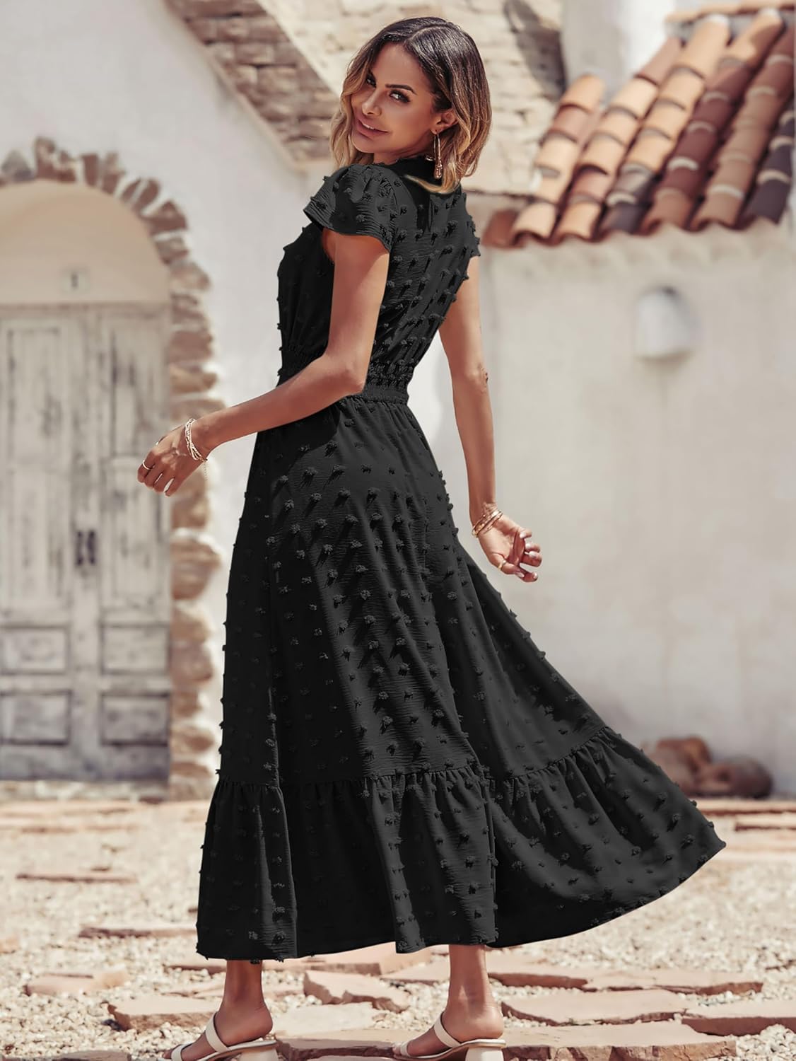 PRETTYGARDEN Womens Dresses 2026 Summer Maxi Dress Boho Short Sleeve V Neck Swiss Dot Ruffle Tiered Smocked Flowy Long Dress