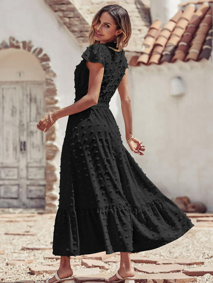 PRETTYGARDEN Womens Dresses 2026 Summer Maxi Dress Boho Short Sleeve V Neck Swiss Dot Ruffle Tiered Smocked Flowy Long Dress