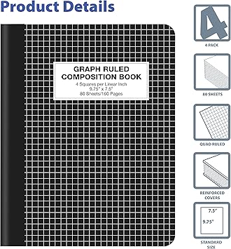Better Office Products Quad Ruled Composition Book Notebook, 4 Pack, Hardcover 4x4 Graph Ruled Paper, 80 Sheets, 9.75" x 7.5", Black Cover, 4 Pack