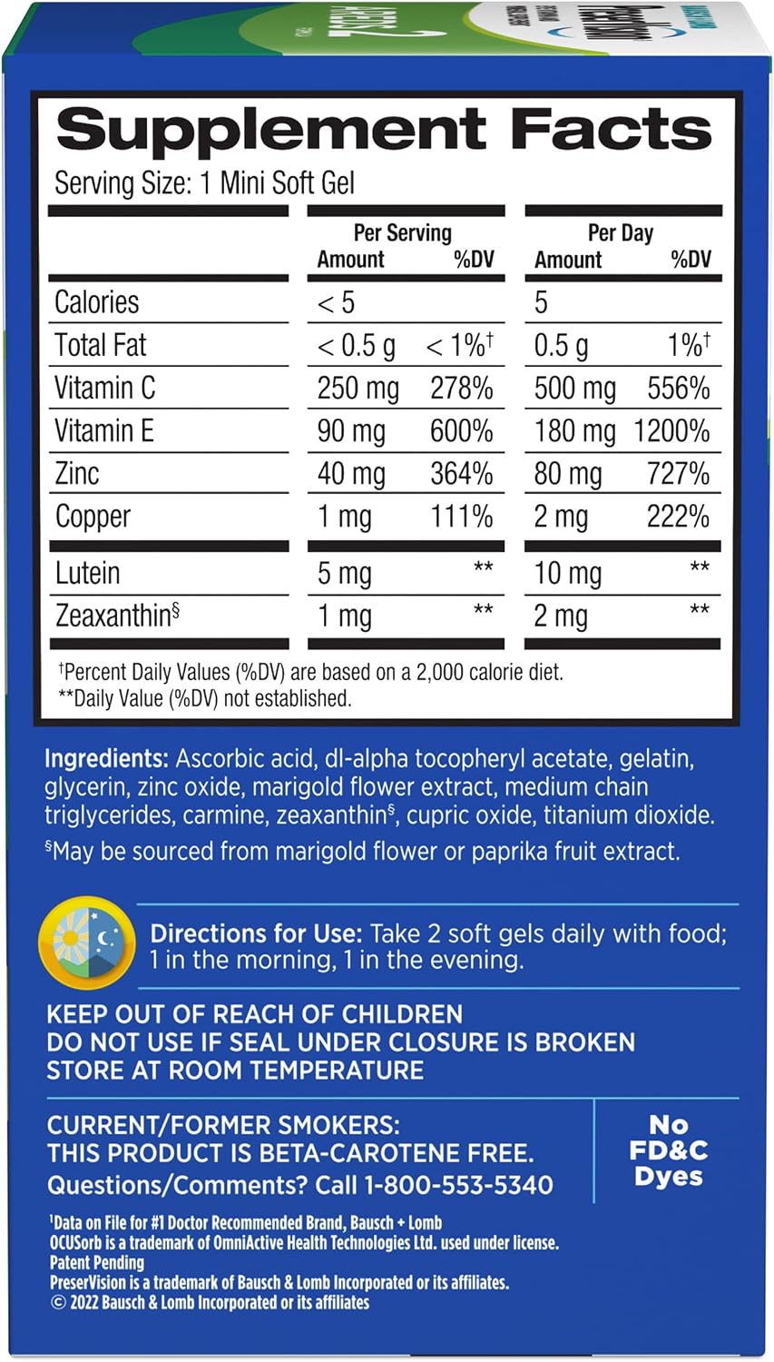 Bausch + Lomb PreserVision AREDS 2 Eye Vitamin & Mineral Supplement with OCUSorb, with Lutein & Zeaxanthin–from, 120 Soft Gels (MiniGels) (Pack of 2)