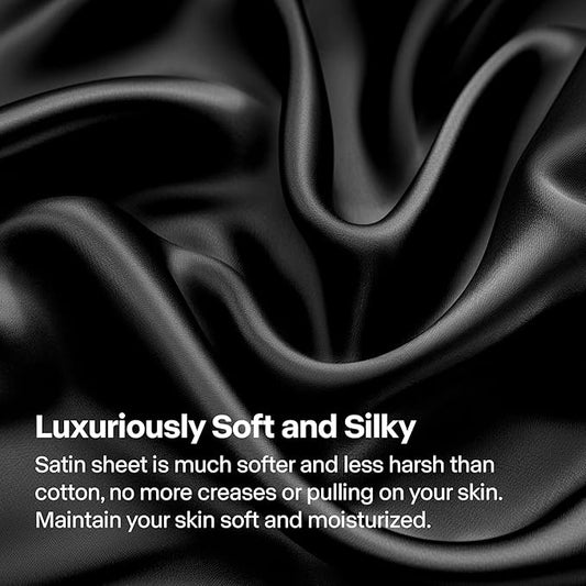 BEDELITE King Size Sheets Set, Luxury Soft Black Satin Sheets for Hair and Skin, Similar to Silk Bed Sheets Set 4 Pieces with 1 Deep Pocket Fitted Sheet, 1 Flat Sheet, and 2 Pillowcases