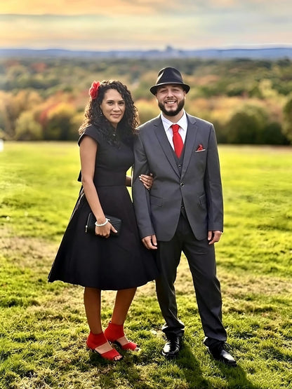 1950s-inspired cocktail dress, flattering boatneck, cap sleeves, pockets, stylish and practical. Check it out on - you won't regret it!