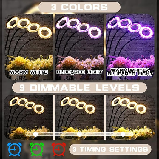2 Pack Clip-on LED Grow Light Indoor 4 Heads With 3.5'' Ring Lamp, 192 LEDs, Adjustable Growing Lamp, 3912h Timer, 10 Dimmable Levels for Various Plants