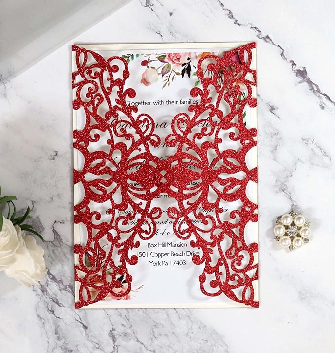 25PCS Wedding Invitation,Silver invitations,Silver Powder Floral Laser Cut with Blank Inner Sheet, Envelopes and Ribbons for Party Wedding Engagement Bridal Bridal Shower Invite (Red)