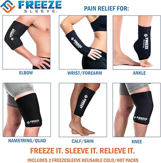FreezeSleeve 2 Pack Ice & Heat Therapy Sleeve- Reusable, Flexible Gel Hot/Cold Pack, 360 Coverage for Knee, Elbow, Ankle, Wrist- Black, Large