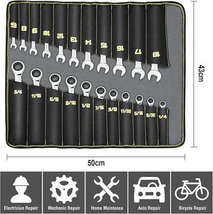Ratcheting Wrench Set, 22-Piece 72 Teeth Ratchet Wrench Chrome Vanadium Steel with Roll Up Pouch