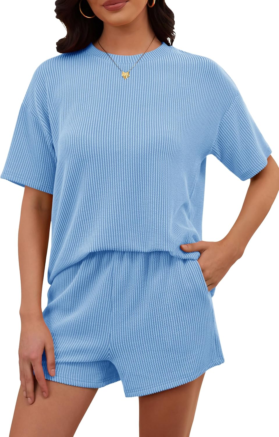 Women's 2 Piece Sets Short Sleeve Outfits Ribbed Textured Knit Lounge Shorts Set Oversized Tracksuit Matching Sets