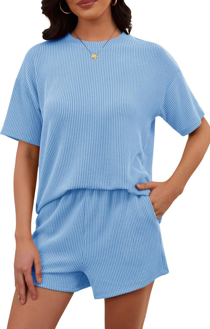 Women's 2 Piece Sets Short Sleeve Outfits Ribbed Textured Knit Lounge Shorts Set Oversized Tracksuit Matching Sets