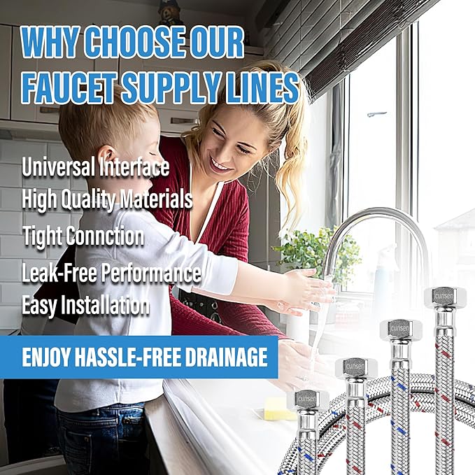 4 Pack 1/2" x 1/2" FIP Flexible Faucet Supply Lines, Bathroom Faucet Hose Connector, 304 Stainless Steel Braided Water Supply Line for Kitchen (24 Inch)