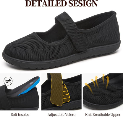 Waluzs Wide Toe Box Flats Shoes Women Knit Ballet Flats Mary Jane Dress Flat Wide Width Walking Shoes Slip-on with Strap.