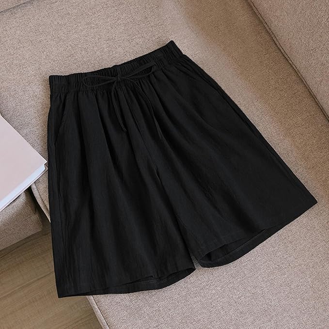 Linen Shorts for Women High Waisted Elastic Bermuda Shorts Casual Drawstring Loose Cute Beach Vacation Wide Leg Pants