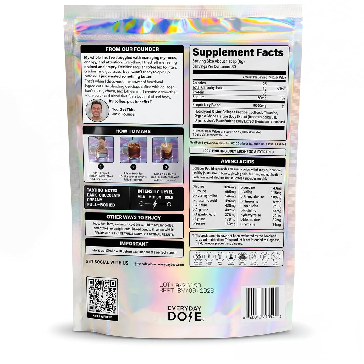 Everyday Dose Bold Medium Roast Mushroom Coffee 90mg Caffeine per serving with Grass-Fed Collagen, Chaga, Lions Mane & L-Theanine for Better Focus, Energy, Digestion, Skin, and Immunity 30 Servings