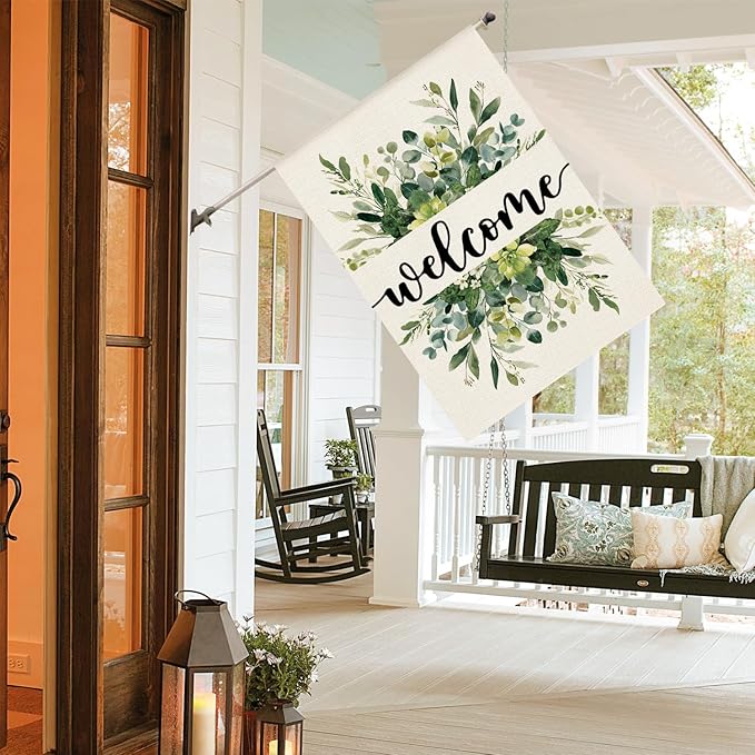 AVOIN colorlife Spring Summer Floral Welcome House Flag 28x40 Inch Double Sided Outside, Eucalyptus Seasonal Farmhouse Yard Outdoor Flag