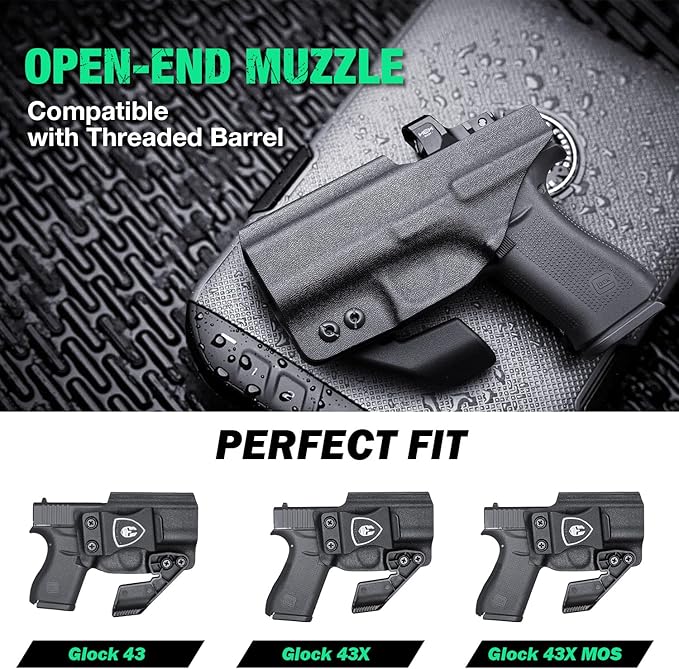 WARRIORLAND IWB Kydex Holster wClaw  Optics Cut Compatible with Glock 43  G43X  G43X MOS Pistol, Inside Waistband Concealed Carry Holster, Adj. Retention  Cant, Right Hand