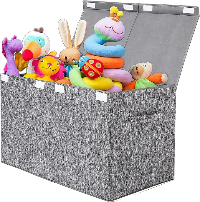 Popoly Large toy chest with lid, foldable toy storage organizer with removable divider, 25 x 13 x 16 inches (linen gray)