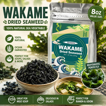 8oz (227g) Dried Wakame Seaweed – 100% Natural Sea Vegetable for Miso Soup, Seaweed Salad, Ramen, Stir-Fry, Camping Meals & Asian Cooking, Gluten-Free, Vegan-Friendly