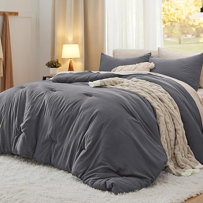 Bedsure Queen Size Comforter Set, Dark Grey Soft Prewashed Bedding for All Seasons, 3 Pieces GentleSoftN Warm Down Alternative Bed Set, 1 Lightweight Comforter (90"x90") and 2 Pillowcases (20"x26")