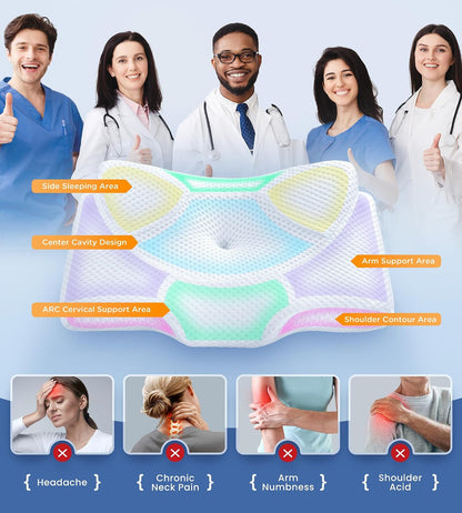 Cervical Pillow for Neck Pain Relief, Hollow Design Odorless Memory Foam Pillows with Cooling Case, Adjustable Orthopedic Bed Pillow for Sleeping, Support for Side Back Sleepers