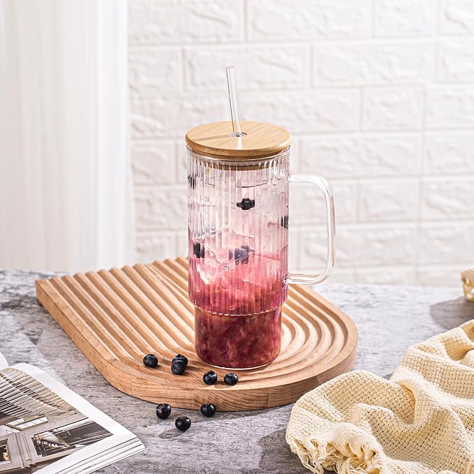 32oz Ribbed Glass Cup with Handle Bamboo Lid and Straw, Glass Tumbler, Iced Coffee Cups Hot/Cold Drinks