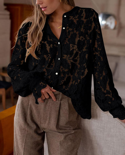Soft, lace-trimmed blouse perfect for dressy casual looks - pairs easily with various bottoms for all-day comfort and style.