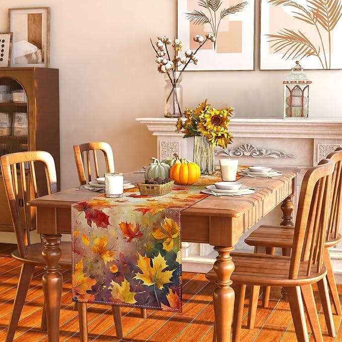 Maple Leaves Fall Table Runner,Autumn Thanksgiving Harvest Festival Farmhouse Decorations and Supplies for Home Kitchen Dining Room Table-13×72''