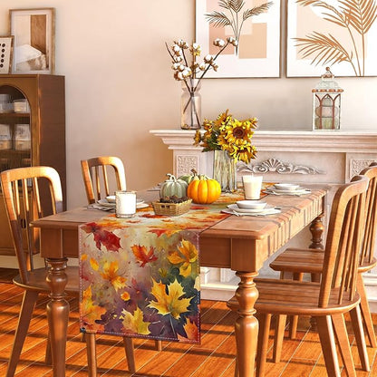 Maple Leaves Fall Table Runner,Autumn Thanksgiving Harvest Festival Farmhouse Decorations and Supplies for Home Kitchen Dining Room Table-13×72''