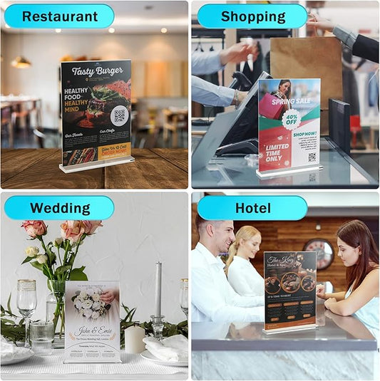 4-Pack Acrylic Sign Holder, 8.5 x 11 Inch Vertical T Shape Table Display Stand, Double-Sided Clear Plastic Sign Holders for Paper, Menu, and Flyer, Ideal for Home, Office, Restaurants, and Stores