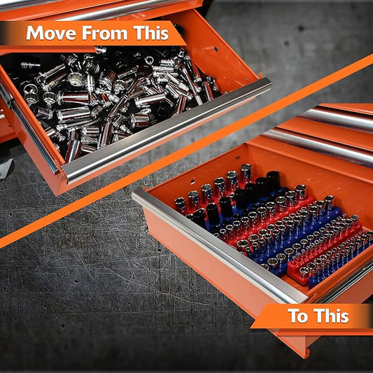 Magnetic Socket Organizers, 14", 38" and 12" Drive, SAE and Metric, Quality Tool Box Organizers (38 Dr. SAE, Red, Holds 26 Sockets)