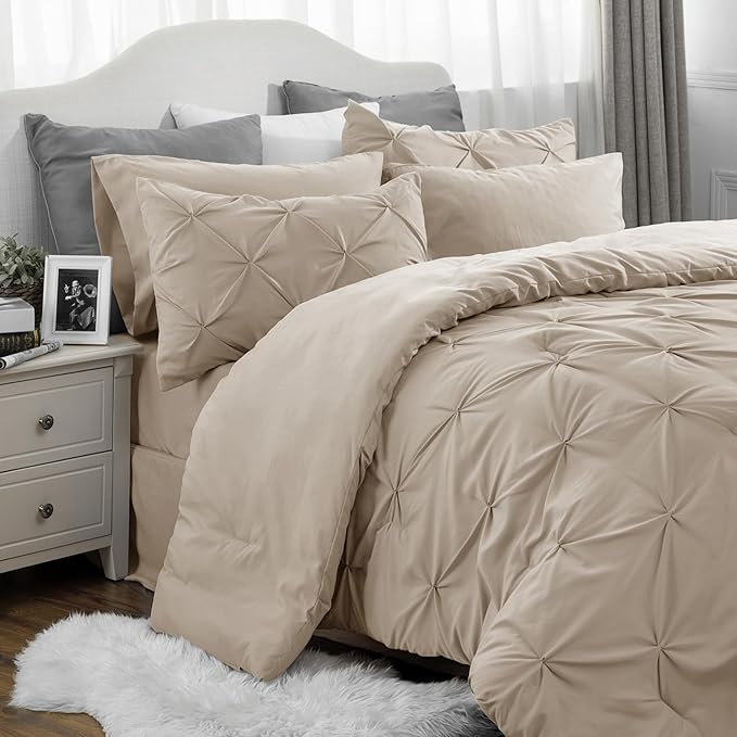 Bedsure Queen Comforter Set Beige - Bed in a Bag Queen Size 7 Pieces, GentleSoftTM Pintuck Bed Set Gift for Family, Pinch Pleat Beige Comforter with Sheets, Pillowcases  Shams