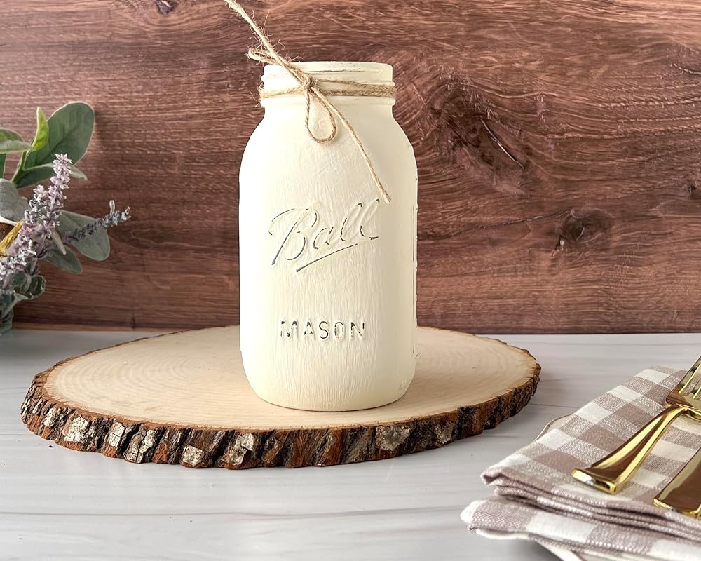 Ivory - Hand Painted and Distressed Mason Jar - Quart 32 oz. Regular Mouth, Rustic Farmhouse Painted Mason Jars, Vase For Wedding Centerpiece, Painted Mason Jar Quart, Rustic Mason Jars for Wedding