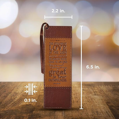 Christian Art Gifts Premium Vegan Leather Bookmark for Men: Steadfast Love - Lamentations 3:22-23 Inspirational Bible Verse, Heat-Debossed, Faith-Based Reading Accessory, Two-Tone Brown with Tassel