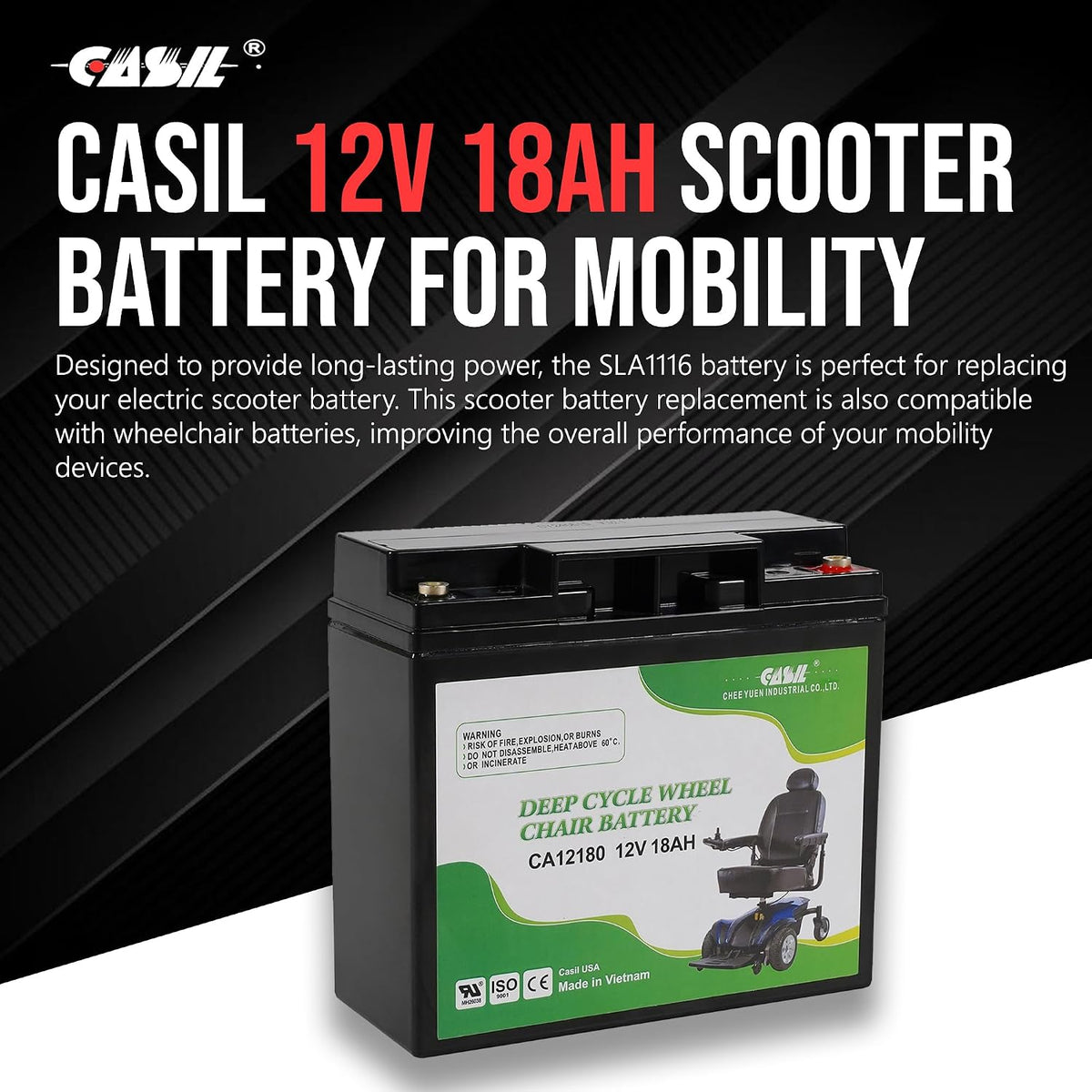 Casil 12V 18AH Deep Cycle Wheelchair Battery Compatible with Pride Mobility Go-Go Elite Traveler Plus Wheelchair MKB ES17 12 Scooter Wheelchair, Nut and Bolt Terminal