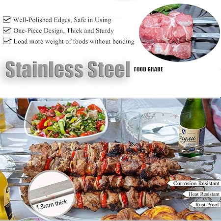 Stainless Steel BBQ Skewers - 12 Inch, 12 Pack for Kabobs, Grill Stick Set for Meat, Chicken, Shrimp, Fruit, Vegetables